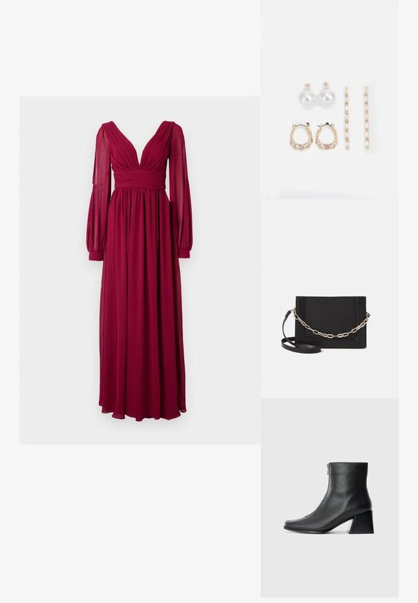 Dolga bordo obleka iz lahkega materiala, z globokim V-izrezom, nabranim bodijem in napihnjenimi dolgimi rokavi s tesnimi manšetami.; Črne usnjene gležnjarice s kvadratnim nosom, stranskim zadrgo in blok peto na enostavni svetli podlagi.; Črna usnjena torba čez ramo z gladko teksturo, pravokotno obliko in kovinskim verižnim detajlom spredaj. Vključena je nastavljiva naramnica.; Tri para uhani: veliki beli biserni uhani, zlate obroče s prozornimi dragulji in dva dolga, ravna zlate uhan s svetlečimi podrobnostmi.