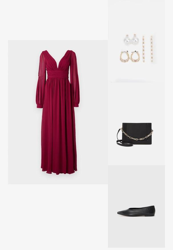 Dolga bordo obleka iz lahkega materiala, z globokim V-izrezom, nabranim bodijem in napihnjenimi dolgimi rokavi s tesnimi manšetami.; Črne usnjene balerinke, koničast toe, minimalističen dizajn, gladka tekstura, nizka peta, brez vidnih kovinskih delov ali okraskov.; Črna usnjena torba čez ramo z gladko teksturo, pravokotno obliko in kovinskim verižnim detajlom spredaj. Vključena je nastavljiva naramnica.; Tri para uhani: veliki beli biserni uhani, zlate obroče s prozornimi dragulji in dva dolga, ravna zlate uhan s svetlečimi podrobnostmi.