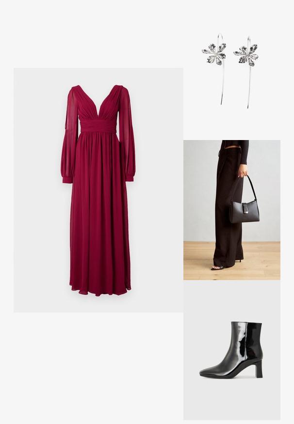 Hosszú bordó ruha könnyű anyagból, mély V-nyakkal, pliszírozott mellrésszel és puffos hosszú ujjakkal, amelyek illeszkednek a csuklóra.; Fekete lakk bőrcipő bokáig érő, hegyes orral és közepes magasságú tömbsarokkal. Simább textúrával és minimalista dizájnnal rendelkezik.; Fekete kézi táska strukturált formával, sima textúrával és fémből készült záródással. Széles fekete nadrággal és nyitott orrú szandállal párosítva, fából készült padlón.; Ezüst virágformájú fülbevalók, texturált felülettel, hosszú akasztókkal és szirmokra hasonlító részletekkel az összetett dizájn érdekében.