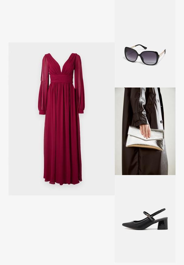 Langes burgunderrotes Kleid aus leichtem Stoff, mit tiefem V-Ausschnitt, gefälteltem Oberteil und gepufften langen Ärmeln mit engen Manschetten.; Schwarze Lackleder-Slingback-Absätze mit spitzer Zehenform, einem runden Ausschnitt-Design und einem Blockabsatz. Mit einem goldfarbenen Schnallenakzent.; Schwarze übergroße Sonnenbrille mit getönten Gläsern, dicken Rahmen und goldfarbener Kettendetaillierung an den Bügeln.; Silberner metallischer Clutch mit einem eckigen Umschlagdesign, glatter Textur und kontrastierender Innenfarbe, gehalten in einer Hand, die einen schwarzen Mantel trägt.