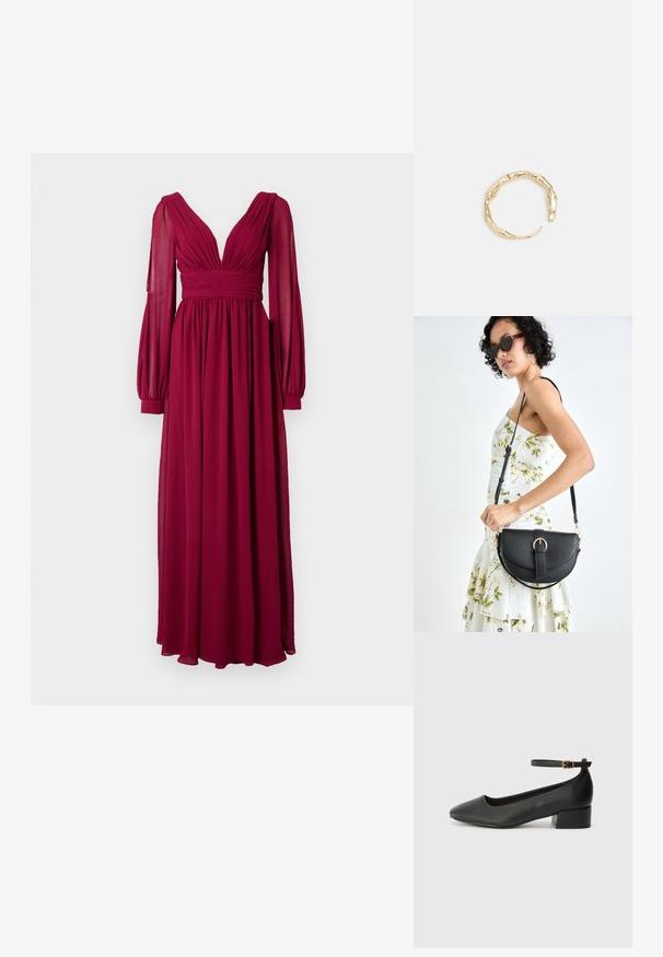 Langes burgunderrotes Kleid aus leichtem Stoff, mit tiefem V-Ausschnitt, gefälteltem Oberteil und gepufften langen Ärmeln mit engen Manschetten.; Schwarze Lederpumps mit spitzem Zehenbereich und niedrigem Blockabsatz. Mit einem Knöchelriemen und einer goldfarbenen Schnalle. Glatte Textur.; Schwarze Lederhandtasche mit geschwungener Form, abnehmbarem Tragegurt und goldenen Beschlägen. Die Tasche verfügt über einen Deckel mit einer Schnallen-Details.; Goldfarbener Ring mit einem organischen, gedrehten Design, glatter Oberfläche und sich verjüngenden Enden, was ein modernes, skulpturales Erscheinungsbild erzeugt.