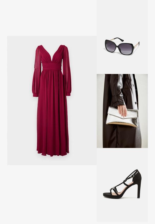 Ilga bordo spalvos suknelė, pagaminta iš lengvo audinio, turinti gilų V formos iškirpę, platų liemenį ir pūstus ilgus rankovės su prigludusiomis apykaklėmis.; Juodų suedinių aukštakulnių sandalų su kryžminėmis juostelėmis, dekoratyviniu sidabro atspalviu ir platforminiu padu papildomai aukštai.; Juodos didelės saulės akinių su pereinamais objektyvais, storomis rėmeliais ir auksinės spalvos grandinėmis ant šventyklų.; Sidabrinis metalinis rankinukas su kampuota vokų forma, sklandžiu paviršiumi ir kontrastinga vidine spalva, laikomas rankoje, apsirengusioje juoda striuke.