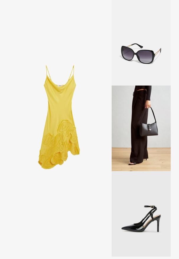 Žuta haljina bez rukava s plutajućim dizajnom, s teksturiranom cvjetnom aplikažom na rubu, izrađena od glatkog materijala.; Crne lakirane kožne cipele na visokom potplatu sa otvorenim petama, špicastim vrhom i podesivim remenom oko gležnja. Glatka tekstura.; Crne prevelike sunčane naočale s gradijentnim lećama, debelim okvirom i zlatnim lancem kao detaljem na krakovima.; Crna torba s oblikom koji sadrži strukturu, glađu teksturu i metalnu kopču. Uparena s širokim crnim hlačama i sandalama na otvorenom s drvenog poda.