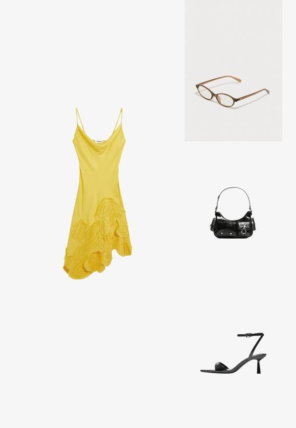 Żółta bezrękawnikowa sukienka o zwiewnym kroju, zdobiona teksturowaną aplikacją w kwiaty na dolnym brzegu, wykonana z gładkiego materiału.; Bershka - Sandały na obcasie; Brązowe okulary w motyle z owalnymi soczewkami, cienkimi ramionami i przezroczystymi akcentami. Posiadają subtelne logo na zauszniku. Smukły, lekki design.; Czarna torebka z lakierowanej skóry o zaokrąglonym kształcie, z jednym paskiem na ramię, przednimi kieszeniami i akcentami w kolorze srebrnym.