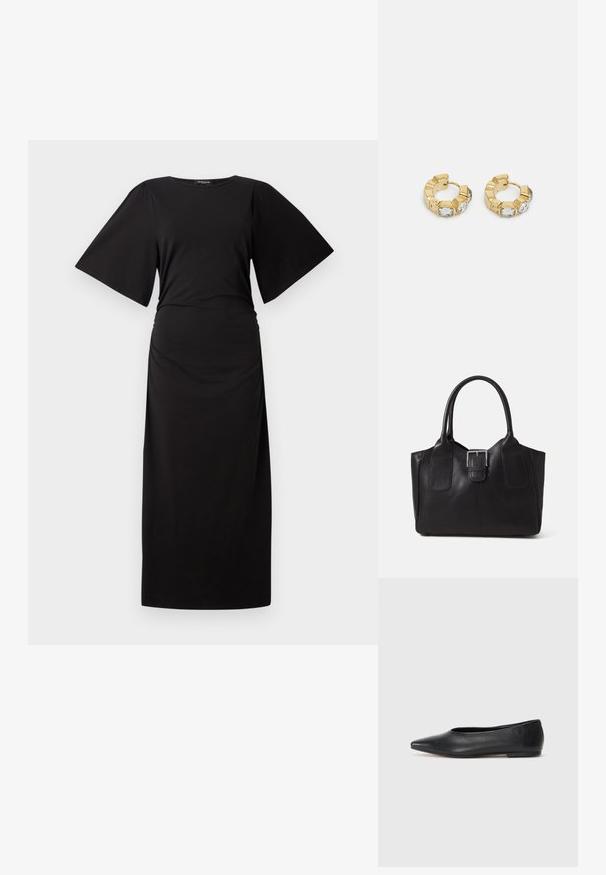Vestido maxi preto com mangas curtas e largas e uma cintura franzida. Feito de um tecido macio, apresenta um silhueta simples e reta.; Bailarina de couro preto, bico fino, design minimalista, textura suave, salto baixo, sem hardware ou embelezamentos visíveis.; Bolsa tote de couro preta com textura suave, forma estruturada, duas alças e um destaque prateado proeminente na parte da frente.; Brincos de argola dourados com um design texturizado e três cristais transparentes em um lado, oferecendo uma estética geométrica moderna.