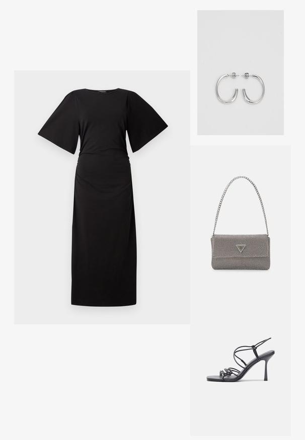 Črna maksi obleka s kratkimi, širokimi rokavi in nabrano pasnico. Narejena iz mehkega blaga, z enostavnim, ravnim silhuetom.; Črne visoke sandale na peto imajo tanke naramnice z vozlom, gladek kvadratni toe in eleganten stiletto peto.; Svetlo siva kovinska torbica z verižnim ročajem, okrašena z majhnimi okroglimi kovinskimi bleščicami in trikotnim logotipom blagovne znamke.; Srebrne uhančke v obliki obroča z gladko, sijočo površino, ukrivljene oblike in zapiranjem na zatič. Minimalistična zasnova z modernim zaključkom.