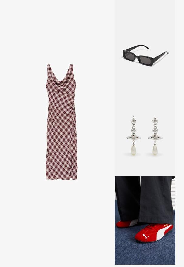 Mango Maxi šaty - bordeaux; Červené zamatové tenisky s bielymi akcentmi, s textúrovaným materiálom, okrúhlou špičkou a zlatým logom na boku, obuté s čiernymi nohavicami.; Čierne obdĺžnikové slnečné okuliare s tmavými šošovkami, lesklým povrchom, širokými ramenami a robustným rámovým dizajnom. Vygravírované meno značky na jednom ramene.; Strieborné náušnice s obručou v tvare kruhu, zdobené žiariacimi kameňmi a perlou v tvare kvapky. Výnimočný dizajn s prepracovanými detailami.