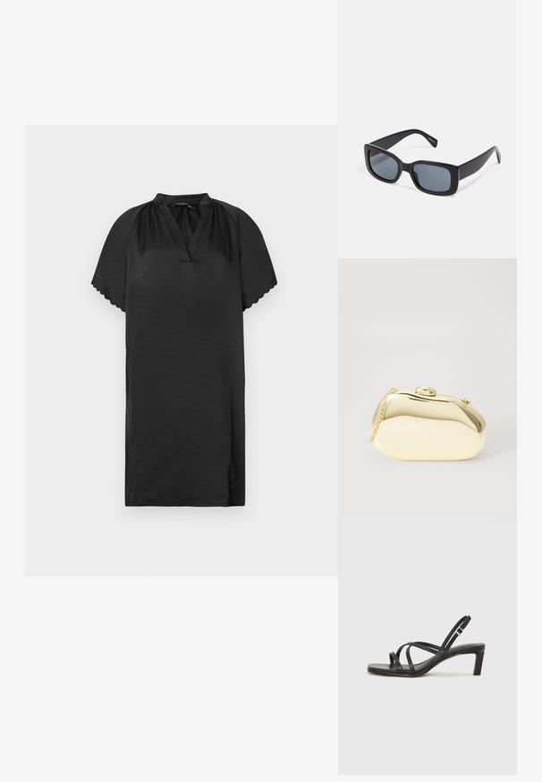 Vestido preto curto feito de tecido macio, com decote em V e bordas das mangas em forma de conchas. O design apresenta uma silhueta simples e solta.; Sandal de tiras pretas com biqueira quadrada e um pequeno salto bloco. Apresenta várias tiras finas e uma tira no tornozelo ajustável. Feito de couro liso.; Óculos de sol retangulares pretos com lentes escuras, armação de plástico espessa e hastes largas. Superfície lisa e design angular.; Clutch metálico dourado com uma forma suave e arredondada, apresentando um fecho de botão superior e uma pequena alça em corrente para transporte.