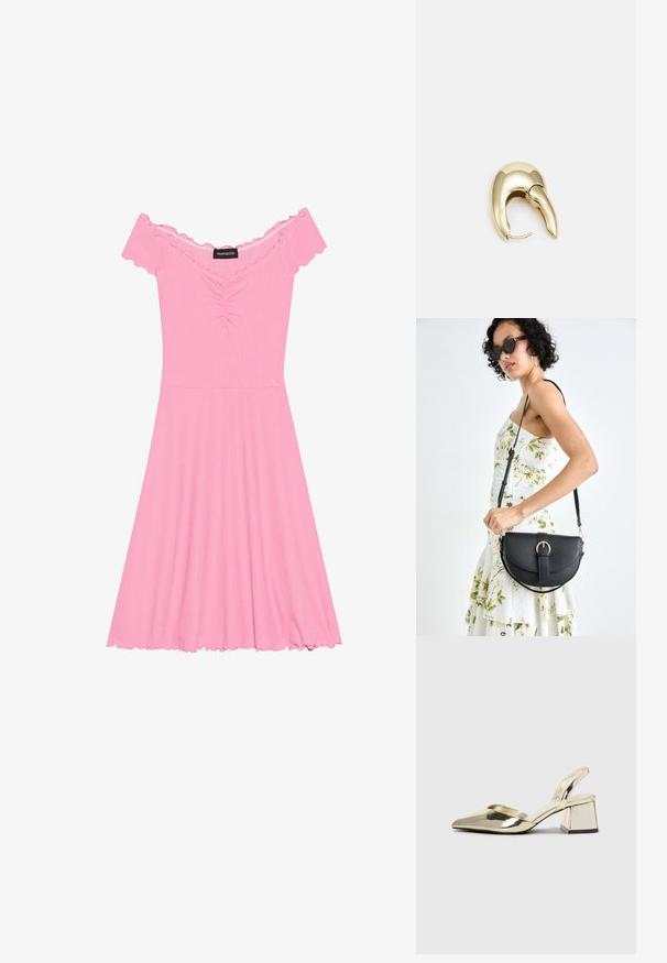 Ružové šaty s odhalenými ramenami vyrobené z rebrovanej látky, s zigzagovým korzetom, rozšírenou sukňou a volánovými okrajmi na rukávoch a leme.; Zlaté kovové lodičky na podpätku so špicatou špičkou a robustným podpätkom. Hladký povrch, minimalistický dizajn a úzka remienok.; Čierna kožená kabelka s zaobleným tvarom, odnímateľným popruhom a zlatými doplnkami. Kabelka má klopu s detailom s prackou.; Náušnice z kovu v zlatej farbe s elegantným, zakriveným dizajnom. Majú charakteristický špicatý tvar, leštený povrch a uzáver na pánt.