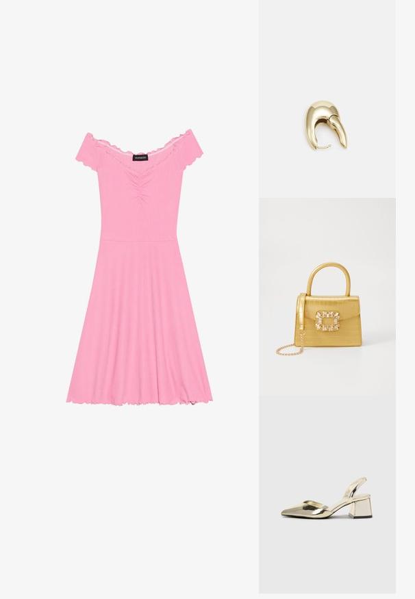 Rozā kleita ar atklātiem pleciem, izgatavota no ribota auduma, ar sakratu biksēm, izplestu svārku un frillem uz piedurknēm un apakšmalas.; Zeltaini, metāla kurpes ar siksniņām, norakans purngalis un masīla papēdis. Gluda tekstūra, minimālisma dizains un šaura siksna.; Dzeltena mākslīgā krokodila roku soma ar strukturētu dizainu, augšējo rokturi, noņemamu ķēdes siksniņu un dekoratīvām kristāla rotājumiem aizdares daļā.; Zeltīti metāla auskari ar gludu, izliekta dizaina. Ar atšķirīgu smailu formu, pulētu virsmu un eņģu aizdari.