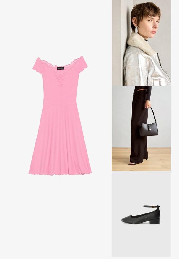 Rochie roz cu umerii goi, confecționată dintr-un material ribbed, având un decolteu plisat, fustă evazată și margelele volărilor pe mâneci și tiv.; Pantof cu toc negru din piele, cu vârf ascuțit și toc mic pătrat. Dispune de o curea la gleznă cu o cataramă în tonuri de aur. Textură netedă.; Genți negre cu o formă structurată, textură netedă și un închizător metalic. Asortată cu pantaloni negri largi și sandale cu vârf deschis pe un podea din lemn.; Jachetă din piele metalizată argintie cu guler din blană, având închidere prin fermoar și suprafață texturată. Cercei mari în formă de lacrimă cu pietre semiprețioase clare.