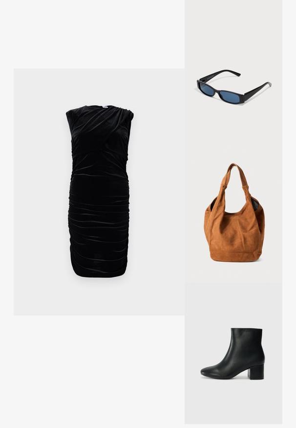 Mustast sametkleit, millel on lühikesed varrukad, drapeeritud disain ja kokku volditud tekstuur külgedel. Põlvikõrgus, sile viimistlus ja õrn sära.; Mustad nahast pahkluu saapad terava varbaga ja jämeda kandaga. Sile tekstuur minimaalse aktsentidega ja stiilne, lihvitud disain.; Mustad mustad mustade, elegantsest ristkülikukujulisest raamistikust ja sinistest objektiividest. Omab siledat tekstuuri ja tugevaid templeid. Kaubamärgi logo küljel.; Pruun nubukist õlakott pehme tekstuuri, kumeriku kuju ja kahe käepideme ning minimaalsete joontega. Funktsioneerib ilma nähtava riistvara või aksessuaarideta.