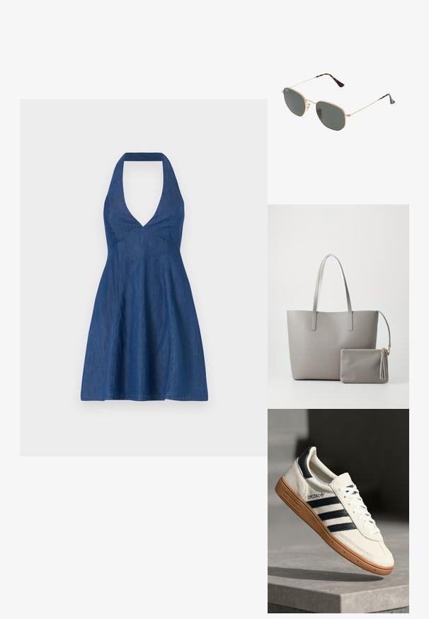 Mørkeblå denimkjole med halterneck og dyp V-hals, med en tettsittende bodice og utsvingt skjørt for en flytende silhuett.; Hvite semskede sneakers med marineblå striper, gummisåle, teksturert overdel, rund tå og snøring; har merking på siden og tungen.; Gull metallrammede solbriller med mørkegrønne linser, pilotstil, med slanke armer og skilpaddeskall detaljer på tuppene.; Grå syntetisk totebag med to lange håndtak og en matchende liten glidelåspung med et dusk. Jevn tekstur med subtilt mønster.