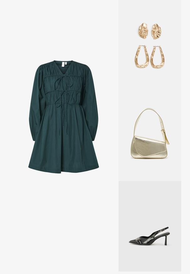 Vestido de algodão verde com decote em V, mangas longas bufantes, corpete franzido com detalhe de laço e saia evasé. Textura suave.; Sapato slingback preto em pele patentada com bico apontado, tiras no tornozelo apresentando fivelas e acessórios prateados, e um salto elegante.; Bolsa de mão metálica dourada com um design estruturado, textura suave e alça ajustável. Apresenta uma forma triangular única e costura minimalista.; Brincos em tom de ouro com formas onduladas e texturizadas. Inclui studs escultóricos com presilha e um design de argola aberta com um acabamento martelado.