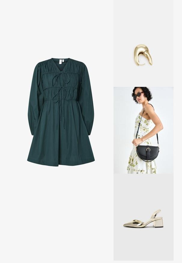 Rochie verde din bumbac cu decolteu în V, mâneci lungi bufante, bust strâns cu un detaliu legat și fustă amplă. Textură netedă.; Pantofi cu toc slingback metalici aurii, cu vârf ascuțit și toc chunky. Textură netedă, design minimalist și o curea subțire.; Geantă din piele neagră, cu o formă curbată, curea detașabilă și accesorii aurii. Geanta are un capac cu un detaliu tip cataramă.; Cercei din metal de culoare aurie cu un design elegant și curbat. Prezintă o formă distinctivă, ascuțită, o suprafață lustruită și un sistem de închidere cu balama.