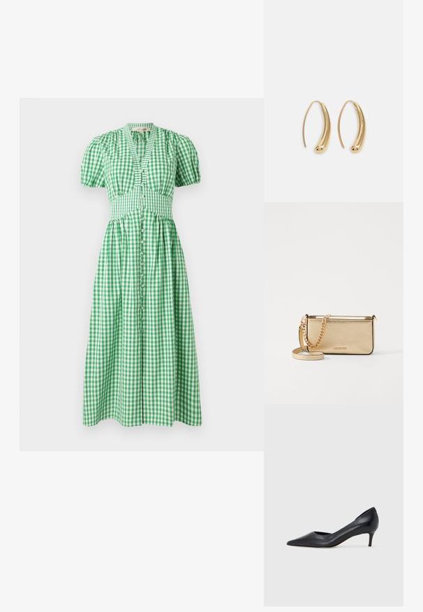 Zelené kostkované šaty s krátkými nabíranými rukávy, přiléhavým korzetem a knoflíkovým zapínáním vpředu. Sukně má midi délku.; Černá kožená lodička s špičatou špičkou a nízkým podpatkem. Má hladkou texturu a jemný lesk. Přední část je otevřená pro zvýraznění detailu.; Metalická zlatá kožená psaníčko s texturovaným povrchem, vybavená zlatým řetízkovým popruhem a odnímatelným ramenním popruhem. Vystouplé logo značky.; Náušnice ve tvaru kruhu z pozlaceného kovu s vroubkovaným, prodlouženým tvarem. Mají hladký, lesklý povrch a zaoblený konec pro zvýraznění detailu.
