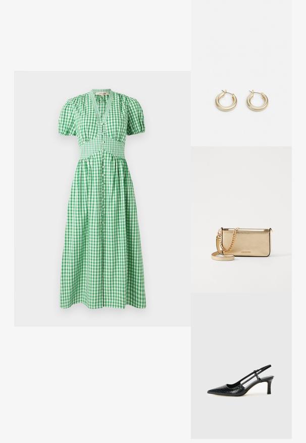 Vestido verde xadrez com mangas curtas bufantes, corpete ajustado e fecho de botão na parte da frente. A saia flui até um comprimento midi.; Salto slingback em patente preta com bico apontado, apresentando um padrão de pele de cobra texturizado, tira ajustável e um salto bloco curto e texturizado.; Clutch de couro dourado metálico com um acabamento texturizado, apresentando uma alça de corrente dourada e uma alça de ombro removível. Logotipo da marca em relevo.; Lauren Ralph Lauren BASIC SMALL HOOP - Brincos - gold-coloured