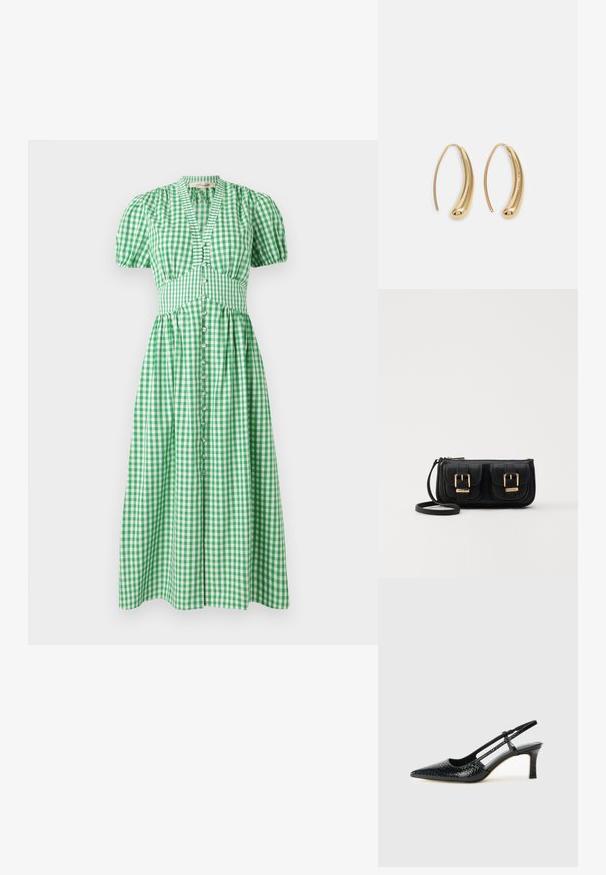 Žalias gingham suknelė su trumpomis pūstomis rankovėmis, prigludusia kūno dalimi ir mygtukų uždarymu priekyje. Sijonas nuleidžiasi iki midi ilgio.; Juodai lakuoti slingback aukštakulniai su smailiu nosiu, su tekstūruotu gyvatės raštu, reguliuojama juosta ir trumpu, tekstūruotu blokiniu kulnu.; Juodas odinis per petį nešiojamas krepšys su dviem priekiniais kišenėmis, auksiniais sagtimis, užtrauktuko uždarymu ir siauromis petnešomis. Textūruota paviršius ir kompaktiškas stačiakampis formatas.; Auksinės metalinės auskarų kabės su lenktą, pailgą forma. Turi lygų, blizgantį paviršių ir užapvalintą galiuką papildomam akcentui.