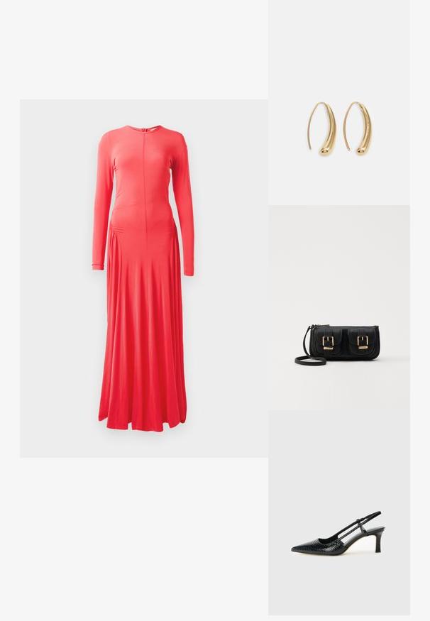 Robe corail à manches longues, ajustée, avec un col rond, des détails de fronces sur les côtés et une jupe fluide. Fabriquée dans un tissu lisse et extensible.; Escarpin slingback en vernis noir avec un bout pointu, présentant un imprimé serpent texturé, une sangle réglable et un petit talon bloc texturé.; Sac en cuir noir porté en travers avec deux poches avant, boucles dorées, fermeture zippée et une sangle fine. Surface texturée et forme rectangulaire compacte.; Boucles d'oreilles en métal doré en forme d'anneau, avec une forme courbée et allongée. Elles présentent une surface lisse et brillante avec une pointe arrondie pour un détail supplémentaire.