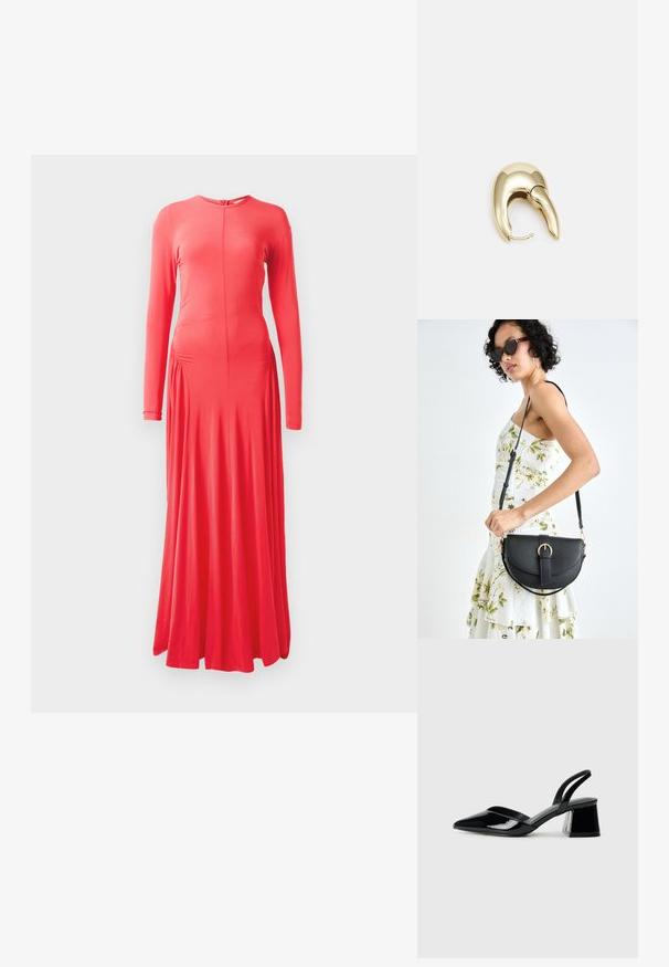 Garās piedurknes, pieguļošs koriandra kleita ar apaļu izgriezumu, sānu ručinga detaļām un plūstošu svārku. Izgatavota no gludas, elastīgas auduma.; Melna lakota āda ar atvērto papēdi, ar smailu purngalu un ģeometrisku blokpapēdi. Iezīmējas elegants, minimāls dizains un gluda tekstūra.; Melnas ādas rokassoma ar izliekta formu, noņemamu siksnu un zelta aksesuāriem. Somai ir vāciņš ar sprādzes detaļu.; Zeltīti metāla auskari ar gludu, izliekta dizaina. Ar atšķirīgu smailu formu, pulētu virsmu un eņģu aizdari.