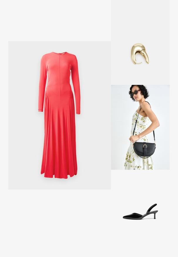 Pika pikad varrukad, keha külge liibuv koralli värvi kleit, ümmarguse kaelusega, küljevolngud ja voolav seelik. Valmistatud siledast, venivast kangast.; Mustad nahast slingback kontsad terava ninaga, madala stilettokontsa ja sõbraliku, lihtsa kujundusega ilma dekoratsioonideta.; Mustmust mustraha kõverate joontega, eemaldatava rihmaga ja kuldsete detailidega. Kotil on klapp, millel on pandladetail.; Kuldtooni metallist kõrvarõngas, millel on elegantne ja kaarjas disain. Omab silmapaistvat teravat kuju, poleeritud pinda ja hingesulgemist.