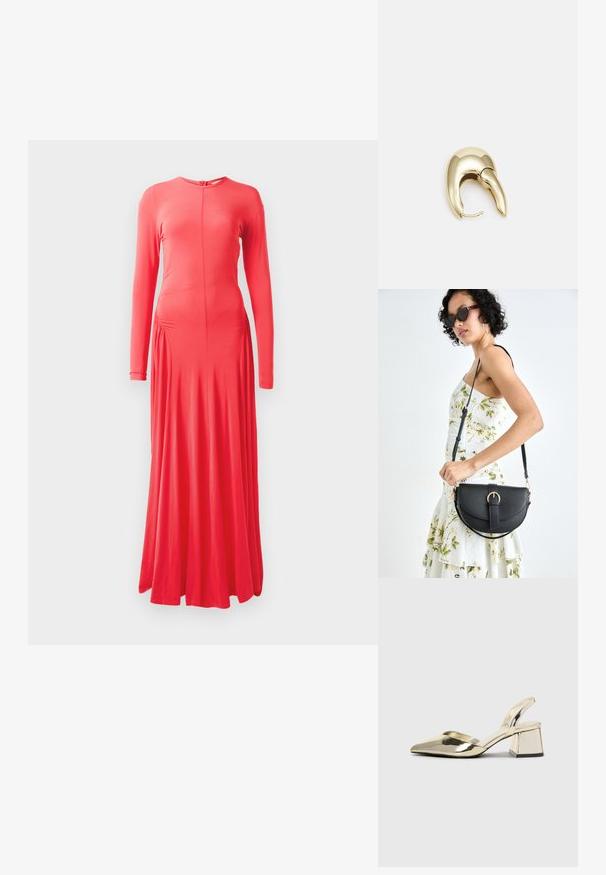Coral mekko, jossa on pitkät hihat, istuva leikkaus, pyöreä pääntie, sivuilla rutistustiedot ja lennokas hame. Valmistettu sileästä, joustavasta kankaasta.; Kultaiset, metalliset slingback-kengät, joissa on teräväkärkiset ja paksut korot. Sileä pinta, minimalistinen muotoilu ja kapea hihna.; Musta nahkainen käsilaukku, joka on kaareva muotoilultaan, irrotettavalla hihnalla ja kultaisilla yksityiskohdilla. Laukussa on läppä, jossa on solk yksityiskohta.; Kultahipuinen korvakoru, jossa on sulavalinjainen, kaareva muotoilu. Ominaisuuksiin kuuluu erottuva terävä muoto, kiillotettu pinta ja sarana kiinnitys.
