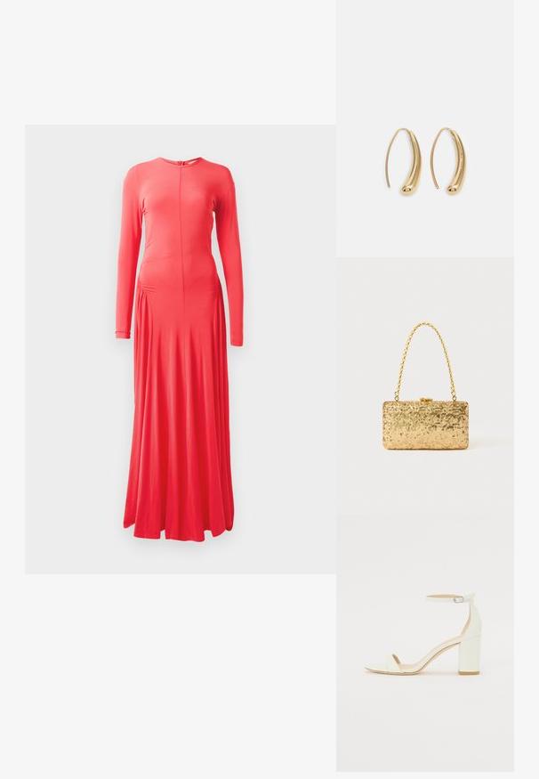 Pika pikad varrukad, keha külge liibuv koralli värvi kleit, ümmarguse kaelusega, küljevolngud ja voolav seelik. Valmistatud siledast, venivast kangast.; Valge nahast takjakandiga sandaal, millel on kinnitusrihm ja minimalistlik disain. Avatud varvastes ja sileda pinnaga.; Kullatud kaunistustega kott ristküliku kujuga, millel on keeratud ahelast käepide ja metallist lukuga sulgur, peegeldades valgust tekstuurse viimistlusega.; Kuldtoonilised metallist rõngas kõrvarõngad, millel on kõver ja piklik kuju. Omavad siledat, läikivat pinda ja ümarat tipptugevdust, mis lisab detaili.