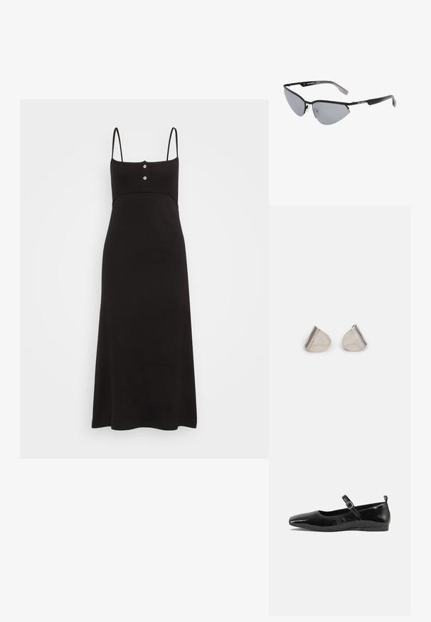 BLANCHE BELLA czarny; Czarne lakierowane baleriny z ostro zakończonym noskiem, paskiem na kostkę z klamrą oraz gładką, błyszczącą teksturą. Niski obcas dla wygody.; Czarne okulary przeciwsłoneczne w kocim kształcie. Srebrne lustrowane soczewki. Smukłe, lekkie plastikowe oprawki z dyskretnym oznakowaniem na zausznikach.; Srebrne metalowe kolczyki o gładkim, kroplowym kształcie i wypolerowanym wykończeniu. Delikatne grawerunki dodają szczegółów. Minimalistyczny design.