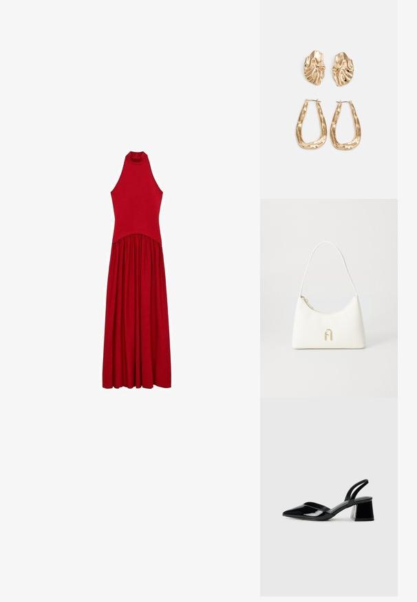 Rode mouwloze jurk met een hoge halslijn, aansluitend lijfje en vloeiende rok. Gemaakt van zachte stof met een gladde textuur, zonder zichtbare patronen.; Zwarte gepatineerde leren slingback hakken met een spitse neus en een geometrische blokhak. Kenmerkt zich door een slank, minimalistisch ontwerp en een gladde textuur.; Witte handtas met een gebogen vorm en een gladde textuur. Bevat een goudkleurig logo accent en een ritsluiting. Verstelbare schouderriem.; Gouden oorbellen met een getextureerd, golvend ontwerp. Bevat sculpturale clip-on studs en een open ringontwerp met een gehamerd oppervlak.