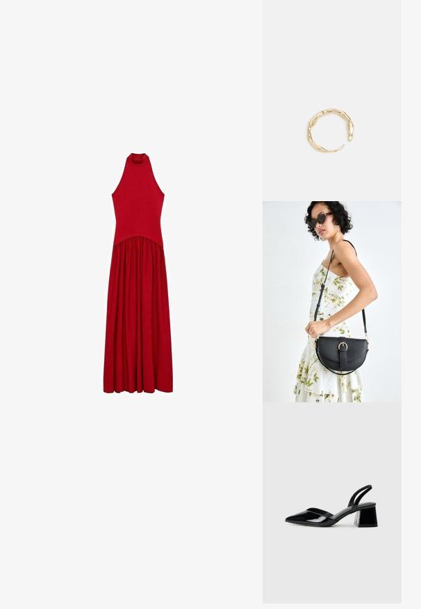 Czerwona sukienka bez rękawów z wysokim kołnierzem, dopasowaną górą i zwiewnym dołem. Wykonana z miękkiego materiału o gładkiej fakturze, bez widocznych wzorów.; Czarne lakierowane półbuty na obcasie z wydłużonym noskiem i geometrycznym słupkiem. Charakteryzują się eleganckim, minimalistycznym designem oraz gładką fakturą.; Czarna skórzana torebka o zakrzywionym kształcie, z odpinanym paskiem i złotymi akcentami. Torebka posiada klapę z zapięciem w kształcie klamry.; Pierścionek w odcieniu złota z organicznym, skręconym wzorem, o gładkiej fakturze i zwężających się końcach, tworzący nowoczesny, rzeźbiarski wygląd.