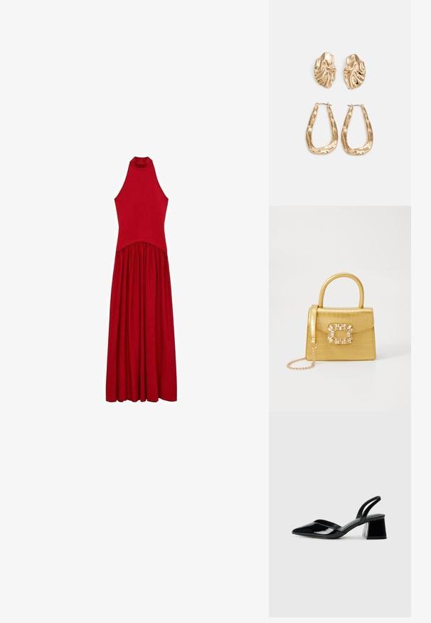 Rdeča brezrokavna obleka z visokim ovratnikom, oprijetim telesom in padajočo krilo. Narejena iz mehke tkanine z gladko teksturo, brez vidnih vzorcev.; Črne lakirane slingback pete s koničastim nosom in geometrijsko blokasto peto. Imajo eleganten, minimalističen dizajn in gladko teksturo.; Rumeno usnjeno-usnje z vzorcem krokodila, s strukturiranim dizajnom, zgornjo ročajem, snemljivo verižico in dekorativnim kristalnim okrasjem na zaponki.; Zlato obarvani uhani z teksturiranimi, valovitimi oblikami. Vključujejo skulpturalne sponke za ušesa in odprto obliko obročka s kladivastim finišem.