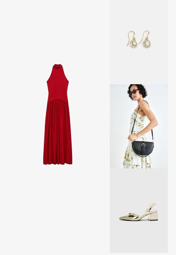 Rotes ärmelloses Kleid mit hohem Hals, tailliertem Oberteil und fließendem Rock. Hergestellt aus weichem Stoff mit glatter Textur, ohne sichtbare Muster.; Goldene, metallische Slingback-Absätze mit spitzem Zeh und dicker Ferse. Glatte Textur, minimalistisches Design und ein schmaler Riemen.; Schwarze Lederhandtasche mit geschwungener Form, abnehmbarem Tragegurt und goldenen Beschlägen. Die Tasche verfügt über einen Deckel mit einer Schnallen-Details.; Goldfarbene Ohrringe mit ovalen klaren Kristallen, die von kleineren klaren Steinen umgeben sind, und einem Haken-Design für sicheren Halt.