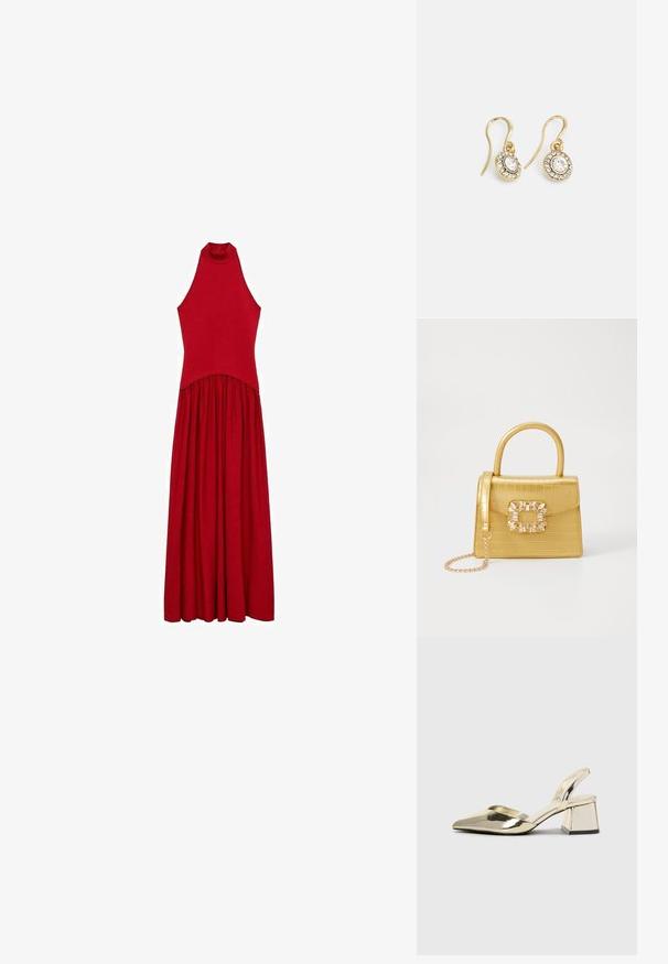 Abito rosso senza maniche con scollo alto, corpino aderente e gonna fluente. Realizzato in tessuto morbido con texture liscia, senza motivi visibili.; Tacchi slingback metallici color oro con punta appuntita e tacco grosso. Texture liscia, design minimalista e una cinghia stretta.; Borsa finta coccodrillo gialla con design strutturato, manico superiore, tracolla a catena removibile e abbellimenti in cristallo decorativi sulla chiusura.; Orecchini color oro con cristalli trasparenti di forma ovale circondati da pietre più piccole e trasparenti, dotati di un design a gancio per una vestibilità sicura.