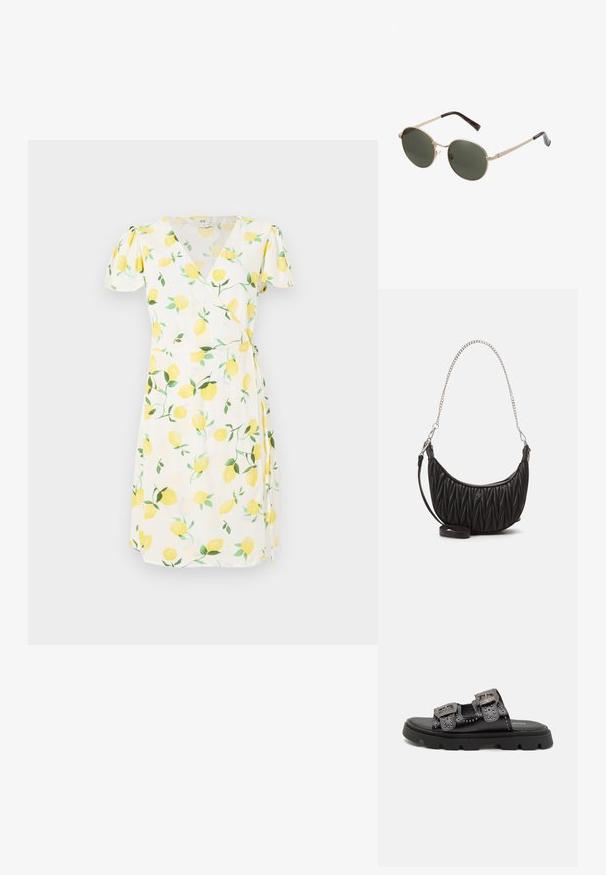Hvit omslagskjole med korte pufferm, med sitronmønster med gule frukter og grønne blader. Lett stoff med en myk tekstur.; Sorte sandaler med to brede stropper med dekorative nagler og detaljerte spenner, satt på en robust teksturert gummisåle.; Runde solbriller med metalliske gullrammer og mørkegrønne linser. Armene har et skilpaddeskall-design for ekstra detaljer.; Svart faux lærveske med quiltet tekstur, buet form, sølvkjede stropp og en liten logoaksent foran.