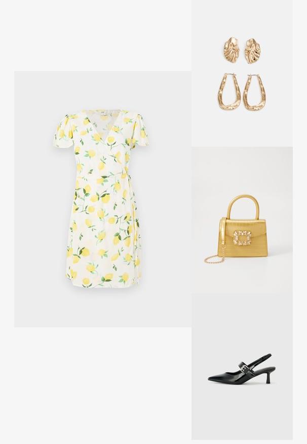 Vestido branco envolvente com mangas curtas e bufantes, apresentando um padrão de limões com frutas amarelas e folhas verdes. Tecido leve com uma textura suave.; Saltos slingback em verniz preto com bico pontiagudo e um pequeno salto bloco, apresentando um detalhe de fivela prateada na tira.; Bolsa amarela em pele de crocodilo falsa, com um design estruturado, pega no topo, alça de corrente removível e decoração de cristal no fecho.; Brincos em tom de ouro com formas onduladas e texturizadas. Inclui studs escultóricos com presilha e um design de argola aberta com um acabamento martelado.