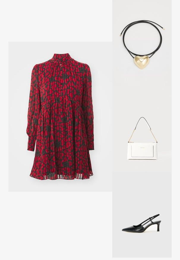 Piros ruha fekete szív mintával, magas nyakkivágással, hosszú ujjakkal, gombos záródással, összegyűrt derékvonallal és réteges textúrájú, lágyan omló szoknyával.; Fekete lakk slingback sarok, hegyes orral, texturált kígyómintával, állítható pánttal és rövid, texturált tömbsarkal.; Fehér bőr kézitáska, texturált felülettel, arany lánccal és fekete részletekkel. Elülső zsebbel és cipzáros zárással rendelkezik.; Fekete fonott zsinór nyaklánc, polírozott arany szív medállal, sima vonalakkal és fényes felülettel.