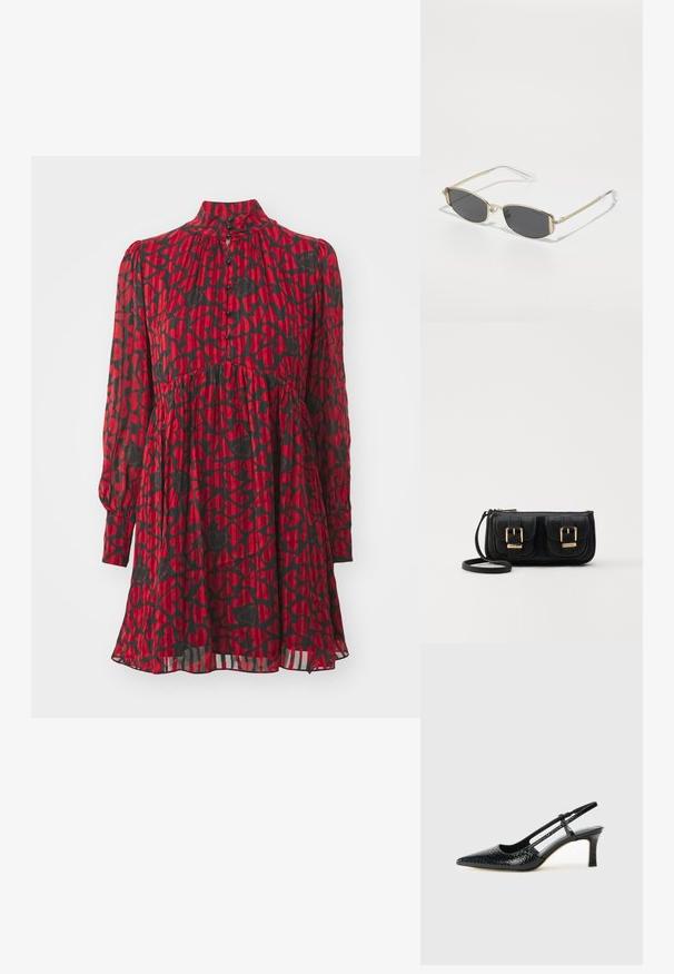 Raudona suknelė su juodais širdelių raštais, aukštu kaklu, ilgomis rankovėmis, mygtukų uždarymu, susirinkusia juosmens linija ir tekančiu hemu su sluoksniuota tekstūra.; Juodai lakuoti slingback aukštakulniai su smailiu nosiu, su tekstūruotu gyvatės raštu, reguliuojama juosta ir trumpu, tekstūruotu blokiniu kulnu.; Auksiniai metaliniai akinių rėmeliai su ovalia forma, tamsiai pilkais lęšiais ir skaidriais šoneliais. Rėmeliai turi dekoratyvinius akcentus.; Juodas odinis per petį nešiojamas krepšys su dviem priekiniais kišenėmis, auksiniais sagtimis, užtrauktuko uždarymu ir siauromis petnešomis. Textūruota paviršius ir kompaktiškas stačiakampis formatas.