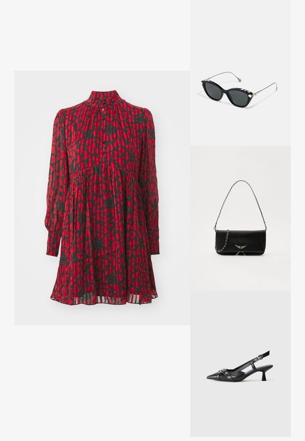 Punane kleit mustade südameprintidega, kõrge kaelus, pikad varrukad, nööpide sulgemine, kogutud talje ja voolav lõpp kihilise tekstuuriga.; Must must have must toote tõmblukuga, dekoratiivsed rihmad metallist silmadega ja madal blokk-kand. Tekstureeritud pind.; Mustmust mustanäoga prillid hallide objektiividega, metallraamiga ja dekoratiivsete kristallidega ülemisel serval. Minimalistlik disain, sujuvate joontega.; Mustvalge nahk käekott hõbedase ahelsanga ja dekoratiivsete tiivaaktsentidega, samuti valgete õmblustega alumises ühenduses.