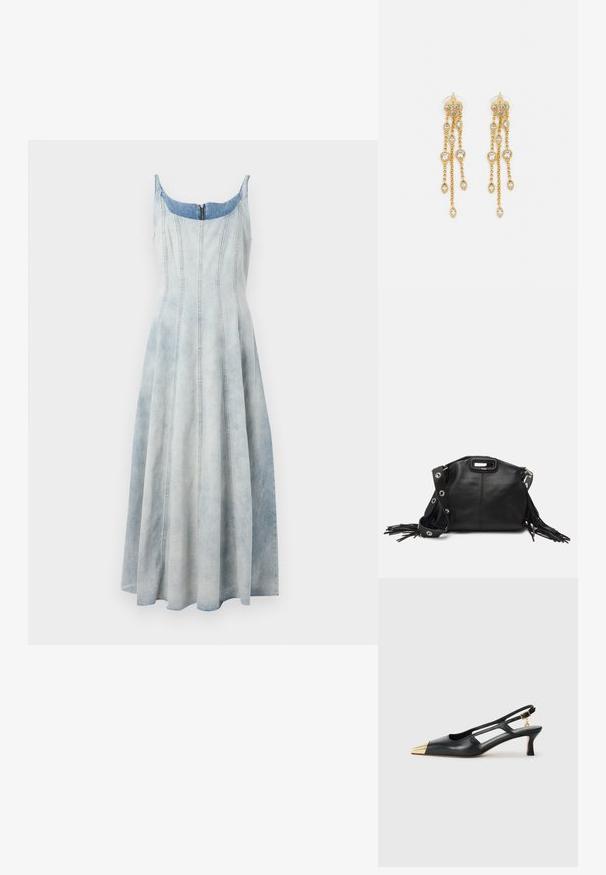 Denimkleit, millel on helesinine gradiendi üleminek, sobiv kehaosa, laienev seelik ja nähtavad õmbluse detailid. Seljas on lukuga sulg.; Must must kottislingidega must nahkne king, millel on terav varvas ja kuldne metallist kapuuts. Omab lõikekujundust ning peaõhuke konts koos reguleeritava rihmaga.; Maje MISS MINI - Ülerinna-kott - noir; Kuldne tooni kõrvarõngad mitme voolava ahelaga, millel on selged ovaalsed rhinestone aktsendid ja dekoratiivsed stud-tippud.