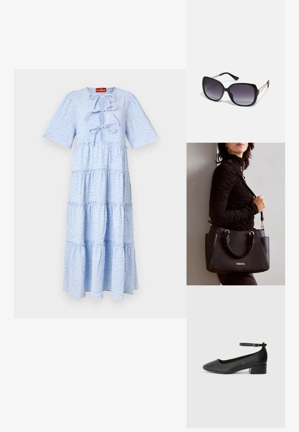 Vestido en capas de color azul claro, fabricado con un tejido texturizado, con cuello redondo y mangas cortas. Presenta un detalle de lazo en la parte delantera.; Zapato de tacón negro de cuero con punta afilada y tacón bajo cuadrado. Presenta una correa para el tobillo con una hebilla en tono dorado. Textura suave.; Gafas de sol negras de gran tamaño con lentes degradados, montura gruesa y detalles de cadena en tono dorado en las patillas.; Bolso negro con superficie texturizada, doble asa superior y correa para hombro ajustable. Presenta herrajes en tono dorado y bolsillos laterales.