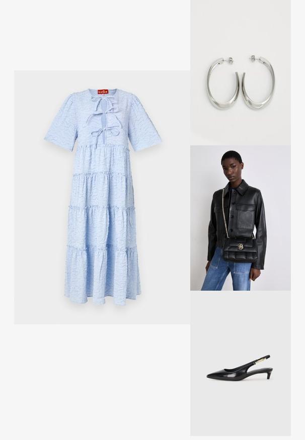 Gaišzils daudzslāņu kleita, izgatavota no teksturēta auduma, ar apaļu kakla izgriezumu un īsām piedurknēm. Ieskaitot saites detaļu priekšā.; Melnas ādas slingback zābaki ar smailu purngalu, ar šauru papēdi un zelta krāsas akcentu uz regulējama siksniņas. Gluda tekstūra.; Melnas ādas jaka ar pogu aizdari un divām priekšējām kabatām, kopā ar melnu pufīgu rokassomu ar zelta sprādzi un ķēdes siksnu.; Sudraba riņķveida auskari ar gludu, izliekta dizaina formu. Iezīmējas ar spīdīgu metāla apdari un pievienojamu aizdari. Nav redzamu rakstu vai akcentu.