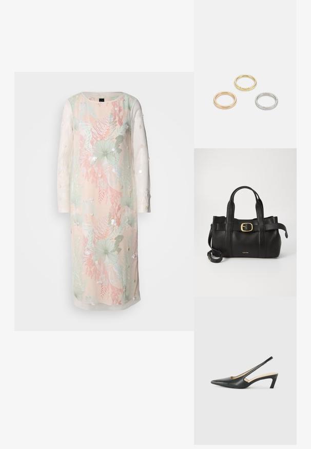 Blumenkleid in pastellfarben mit langen transparenten Ärmeln, versehen mit Stickereien und Verzierungen. Leichter Stoff mit lockerer Passform.; Schwarzer spitz zulaufender Slingback-Schuh mit niedrigem Absatz, der aus glattem Leder gefertigt ist und seitliche Ausschnitte für Atmungsaktivität aufweist.; Schwarze Lederhandtasche mit strukturiertem Design, doppelten oberen Griffen, goldfarbenem Schnallenakzent und geprägtem Markenlogo auf der Vorderseite.; Drei Metallringe: einer in Roségold, einer aus Gold mit strukturierten Akzenten und einer aus Silber, alle mit graviertem Branding auf dem inneren Band.