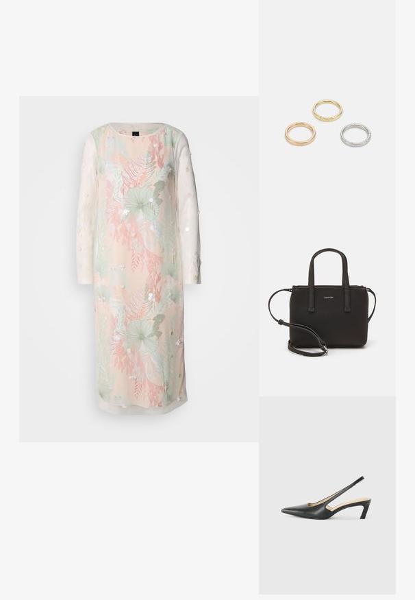 Robe florale en couleurs pastel avec de longues manches transparentes, ornée de broderies et de décorations. Tissu léger avec une coupe décontractée.; Slingback noir à bout pointu avec un petit talon, en cuir lisse et doté d'un design découpé sur le côté pour plus de respirabilité.; Sac à main noir avec deux poignées courtes et une bandoulière amovible. Matière lisse semblable à du cuir avec une fermeture éclair et un détail de logo.; Trois anneaux en métal : un en or rose, un en or avec des accents texturés, et un en argent, tous avec une gravure de marque à l'intérieur de la bande.