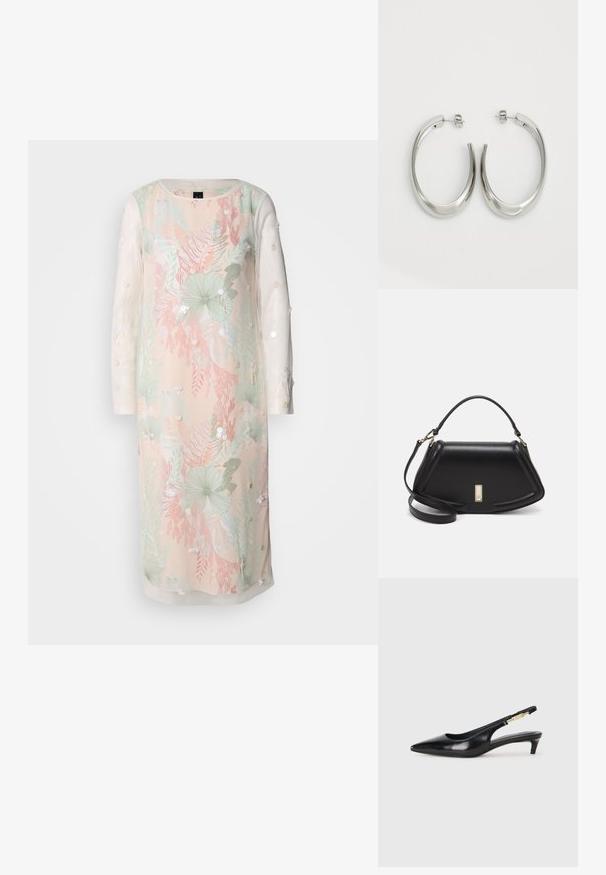 Abito floreale in colori pastello con maniche lunghe trasparenti, caratterizzato da ricami e decorazioni. Tessuto leggero con una vestibilità comoda.; Tacchi slingback in pelle nera con punta affusolata, caratterizzati da un tacco alto e un accento dorato sulla cinghia regolabile. Texture liscia.; Borsa a mano in pelle nera con un design strutturato, caratterizzata da una forma corta, manico superiore e accessori in metallo dorato. Inclusa tracolla regolabile.; Orecchini a cerchio argentati con un design liscio e curvo. Presentano una finitura metallica lucida e una chiusura a perno. Nessun motivo o accentuazione visibile.