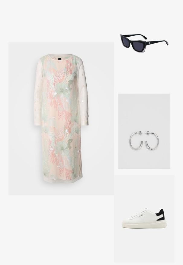 Pasztell színű virágmintás ruha, hosszú áttetsző ujjakkal, hímezve és díszítve. Könnyű anyag, laza fazonnal.; Fehér bőr sportcipők vastag fehér talppal, fekete velúr sarokpikkelyel és dombornyomott logóval az oldalon. Fűzős kialakítás, hat fűzőlyukkal.; Fekete, nagyméretű napszemüveg geometrikus formával, sötét lencsékkel és kontrasztos szürke részlettel a kereten. Logó a szárán.; Ezüst karika fülbevalók sima, fényes felülettel. Lekerekített forma, könnyű kialakítással, tűs zárómechanizmussal.