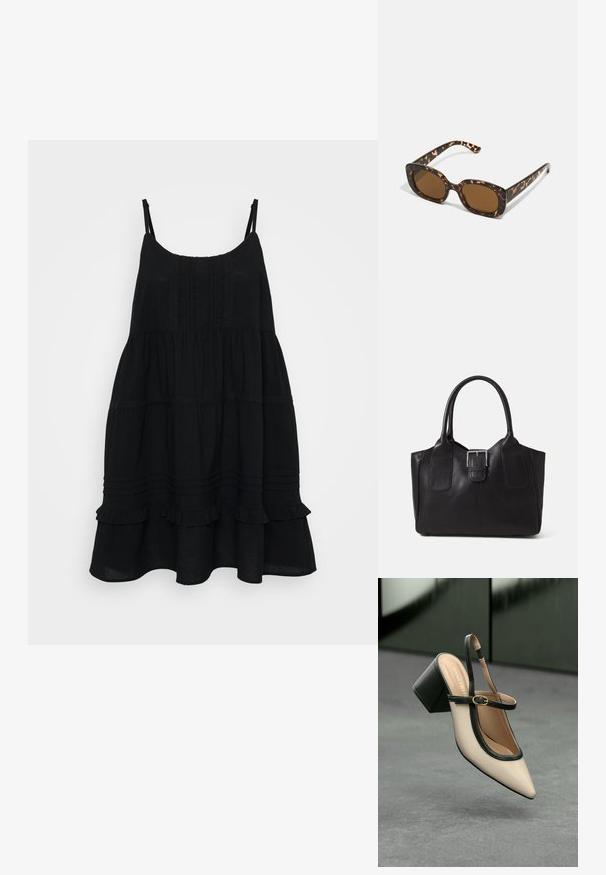 Μαύρο αμάνικο φόρεμα με φαρδιά σιλουέτα, υφασμάτινο κορσές, φούστα με βολάν και δαντελένιες λεπτομέρειες. Κατασκευασμένο από ελαφρύ ύφασμα.; Μπέζ παπούτσι slingback με尖 ρεύμα και μαύρη διακοσμητική λεπτομέρεια, χρυσό κούμπωμα και χοντρό τακούνι σε γκρι δάπεδο με σκούρο πράσινο φόντο.; Γυαλιά ηλίου από καβουρδισμένο κέλυφος με στρογγυλό, χοντρό σκελετό και καφέ φακούς. Διαθέτουν διακριτά σχέδια και ευθείες, κομμένες βραχίονες.; Μαύρη δερμάτινη τσάντα tote με λείο υφή, δομημένο σχήμα, δύο λαβές και επιφανές ασημένιο κούμπωμα μπροστά.
