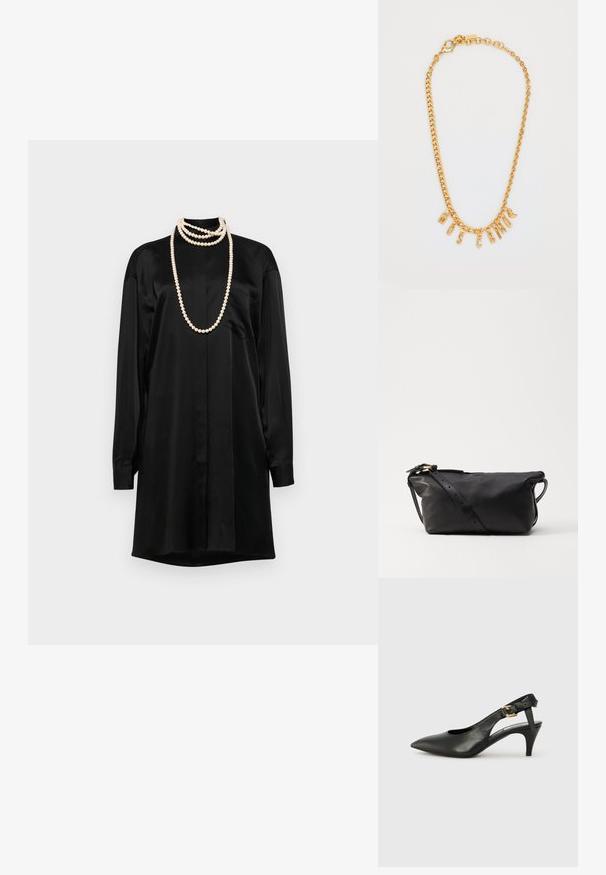 Čierne saténové šaty košeľového strihu s dlhými rukávmi, klasickým golierom a prednou vreckom. Ako akcenty sú tu vrstvené perlové náhrdelníky.; Čierne kožené slingback lodičky s špicatou špičkou, malým opätkom a prackou na členkovom remienku. Hladká textura, minimalistický dizajn.; Čierna kožená taška s mäkkým, obdĺžnikovým tvarom. Má odnímateľný popruh s nastaviteľnými otvormi a kovovou sponou v zlatom tóne. Hladký povrch.; Zlatý náhrdelník s príveskom v tvare písmen, ktoré tvoria slovo "MOSCATO." Hladký povrch s karabínkovým zapínaním a článkami rôznych veľkostí.