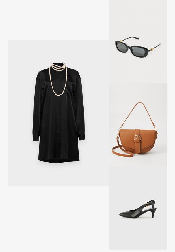 Svart satinklänning med långa ärmar, klassisk krage och en ficka framtill. Har lager av pärlhalsband som accenter.; Svart läder slingback pump med spetsig tå, liten klack och spänne detaljerad på vristremmen. Slät textur, minimalistisk design.; Svarta rektangulära solglasögon med gråa linser och gyllene lejonhuvudaccentuerande detaljer på bågarna. Slät plastbåge, elegant design.; Brun läder crossbody-väska med en böjd form, gyllene detaljer och en spänneaccent. Har en avtagbar axelrem.