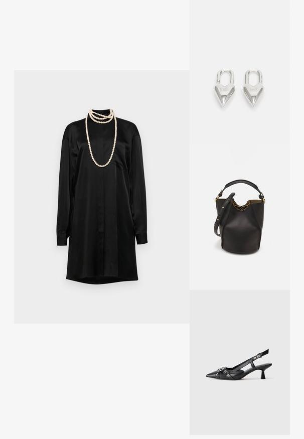 Melnas satīna kleitas ar garām piedurknēm, klasisko apkakli un priekšējo kabatu. Akcentēta ar vairākiem pērļu kaklarotām.; Melnas ādas šlipsveida kurpes ar norādītu purngalu, dekoratīvām joslām ar metāla acīm un zemu bloku papēdi. Teksturēta virsma.; Melnas ādas spainīša somas ar teksturētu apdari, zelta metāla aksesuāriem un atvērtu augšu. Piedāvā īsu rokturi un regulējamu plecu siksnu.; Sudraba sirdī formas piekariņi ar iegravētiem "JĀ" un "NĒ" tekstiem, pulēta apdare, simetrisks dizains un izturīgs metāla aizdare.