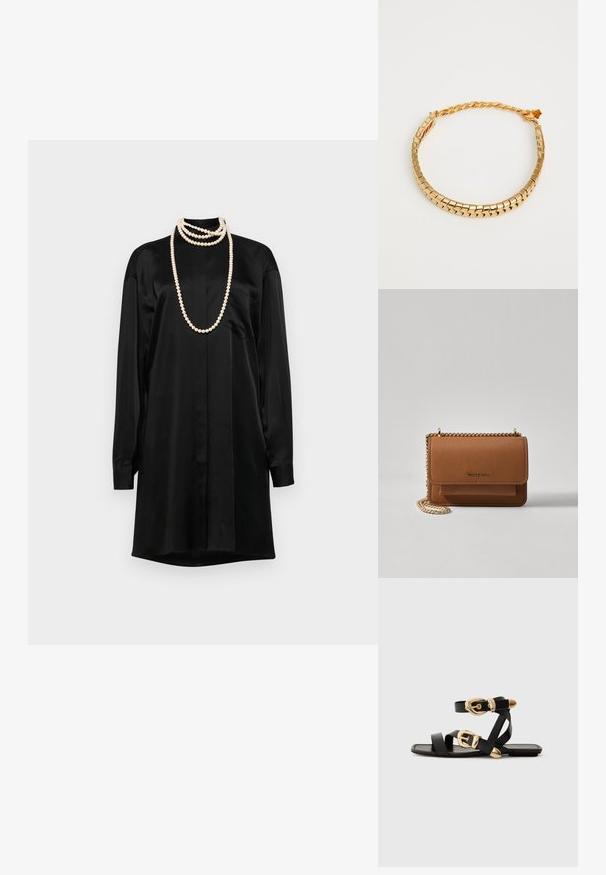 Černé saténové šaty s dlouhými rukávy, klasickým límcem a přední kapsou. Akcentují je vrstvené perlové náhrdelníky.; Černé kožené sandály s pozlacenými přezkami, s vícero popruhy a plochou podrážkou pro nošení s otevřenou špičkou.; Hnědá texturovaná kožená kabelka přes rameno se zlatým řetízkovým popruhem a klopnovým uzavíráním. Přední strana obsahuje detail loga a kapsu pod klopou.; Zlatý tónovaný kovový náhrdelník s čtvercovými články a zkrouceným řetězem. Obsahuje bezpečné zapínání a hladký, lesklý povrch.